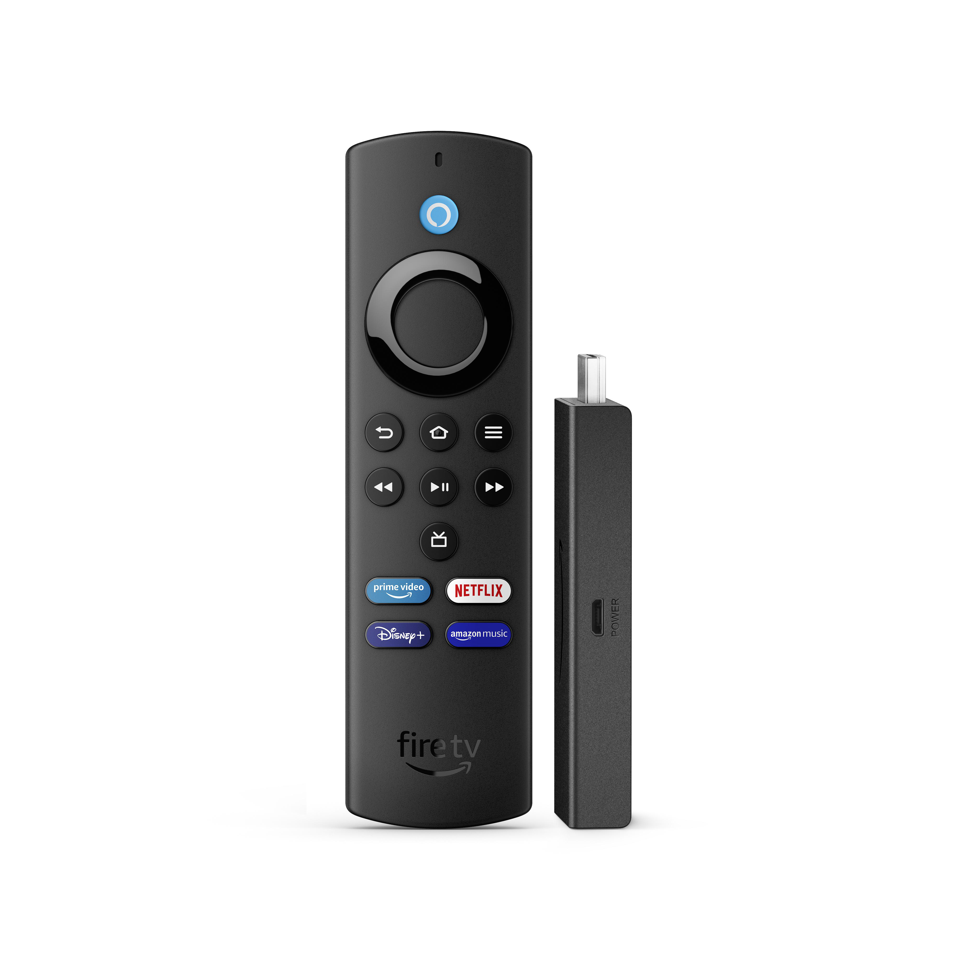 Eine schwarze Fire TV-Fernbedienung und ein Fire TV-Stick auf weißem Hintergrund.