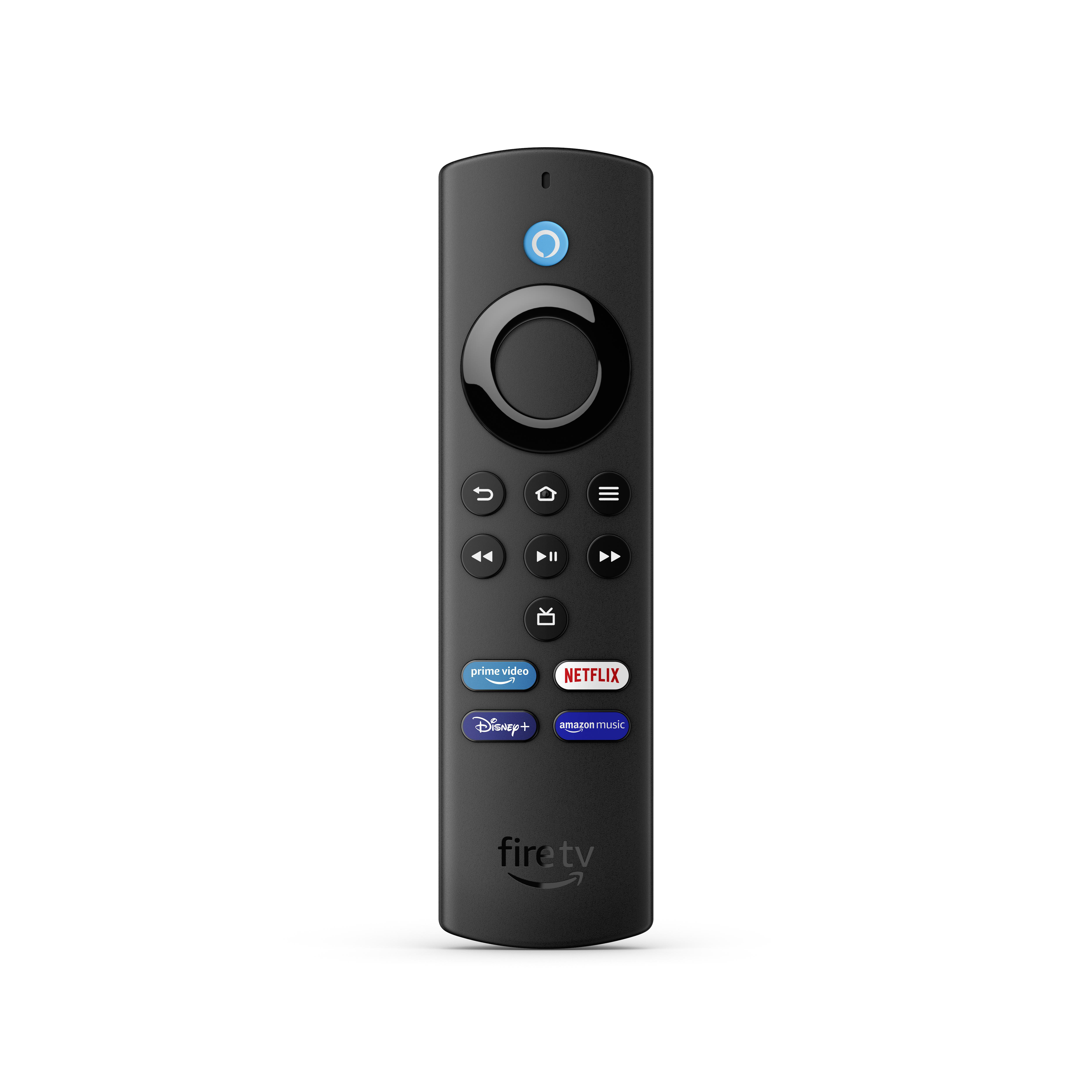 Schwarze Fire TV Fernbedienung mit verschiedenen Tasten, inkl. Prime Video, Disney+.