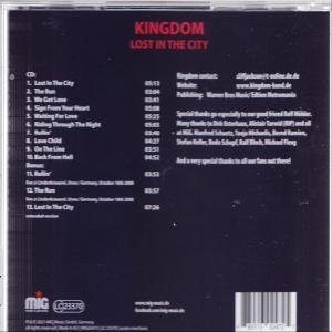 Die Rückseite einer Kingdom Lost in the City CD. Titellisten und Kontaktinformationen sind sichtbar.