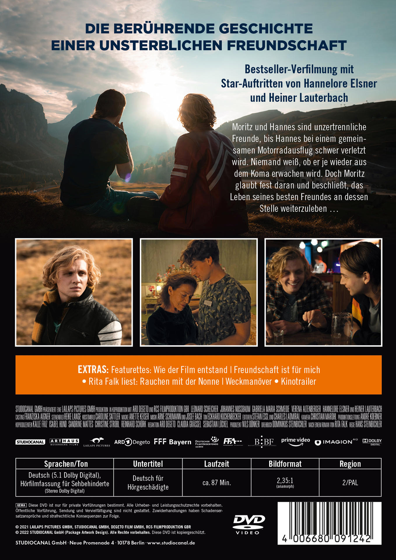 DVD-Cover mit Bildern von Schauspielern und Szenen, plus Text auf Deutsch über eine Freundschaftsgeschichte.