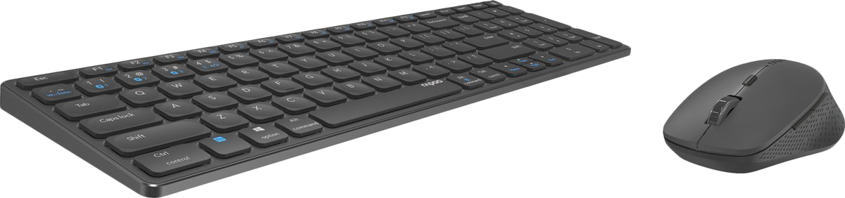 A dark gray keyboard and mouse set are on a white surface. The keyboard is angled, and the mouse is to the right.