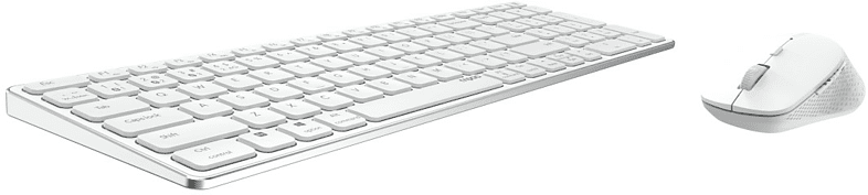 White keyboard and mouse set. The keyboard is long and the mouse is small.