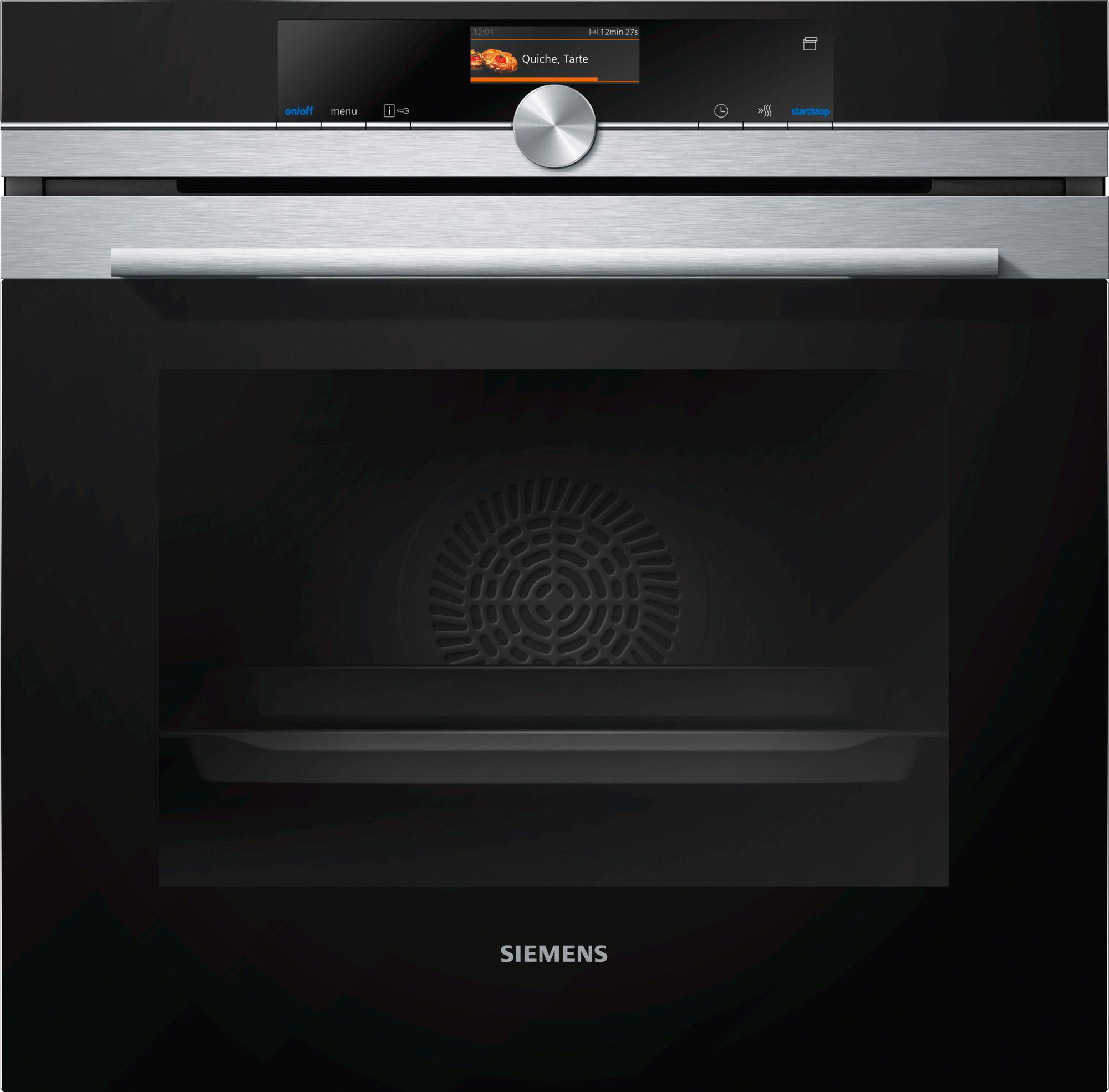 Schwarzer Backofen mit Glastür, silbernem Griff und Digitalanzeige mit einem Rezept.