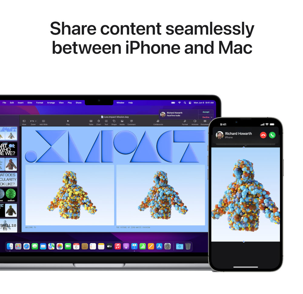 iPhone en Mac delen naadloos content. iPhone toont een persoon. Mac heeft een presentatie.