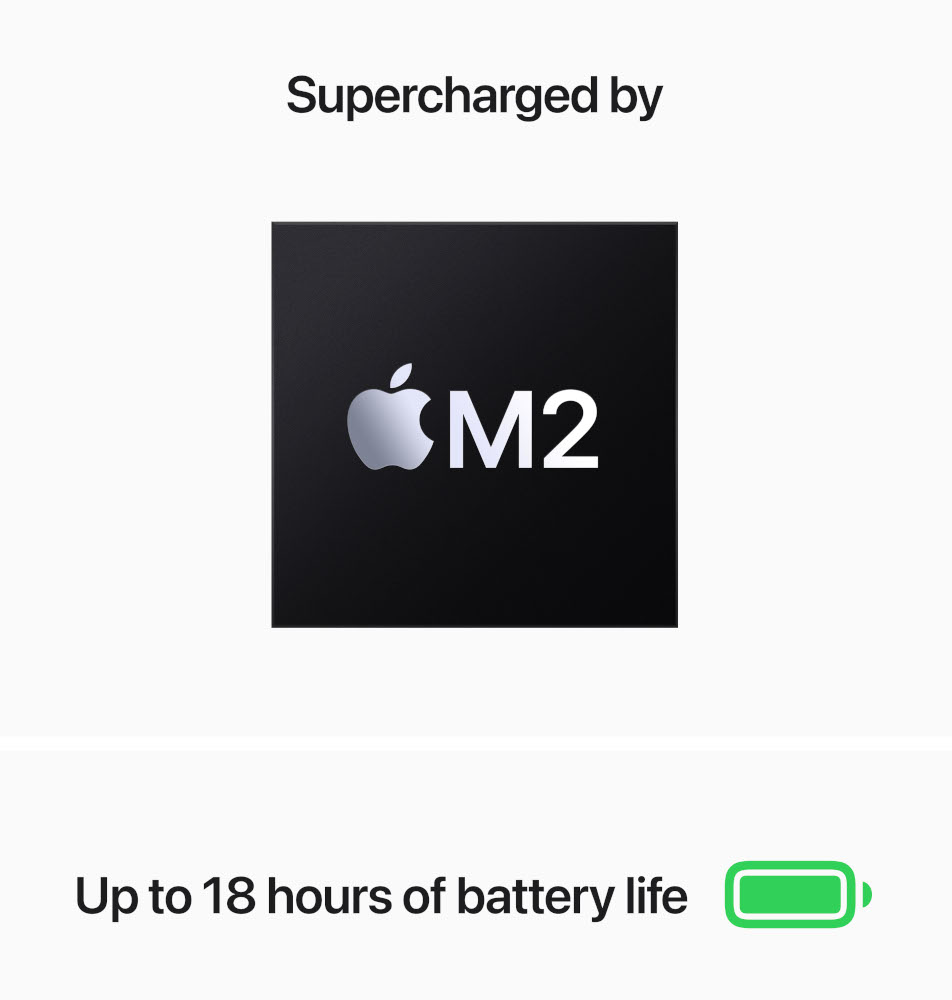 Logo de la puce Apple M2 avec texte 'Supercharged by' et info batterie.