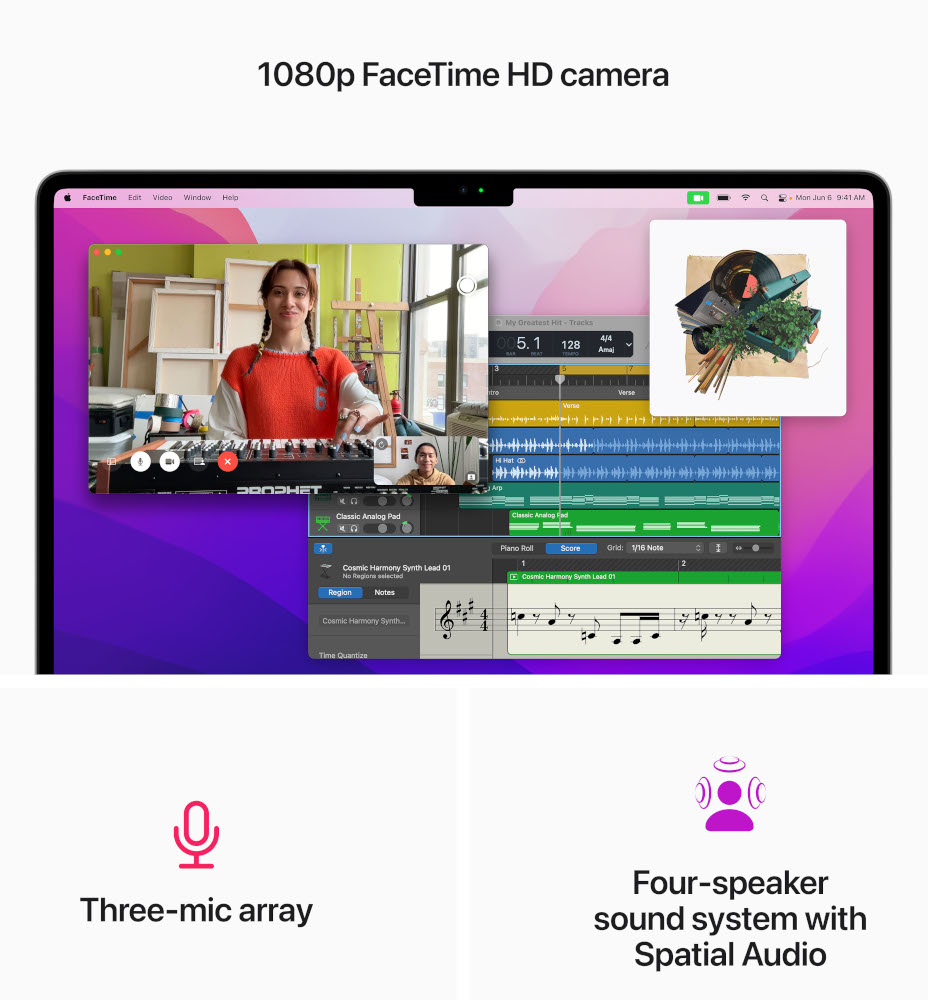 Écran d'ordinateur portable montrant un appel vidéo, un logiciel de montage musical et des fonctionnalités comme une caméra 1080p.
