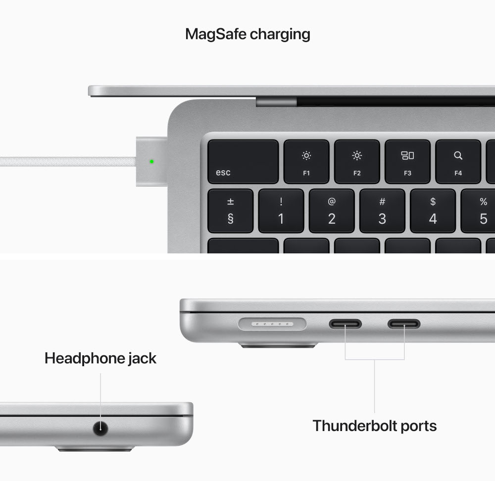 Un ordinateur portable montrant les ports de charge et une prise casque. Fond blanc.