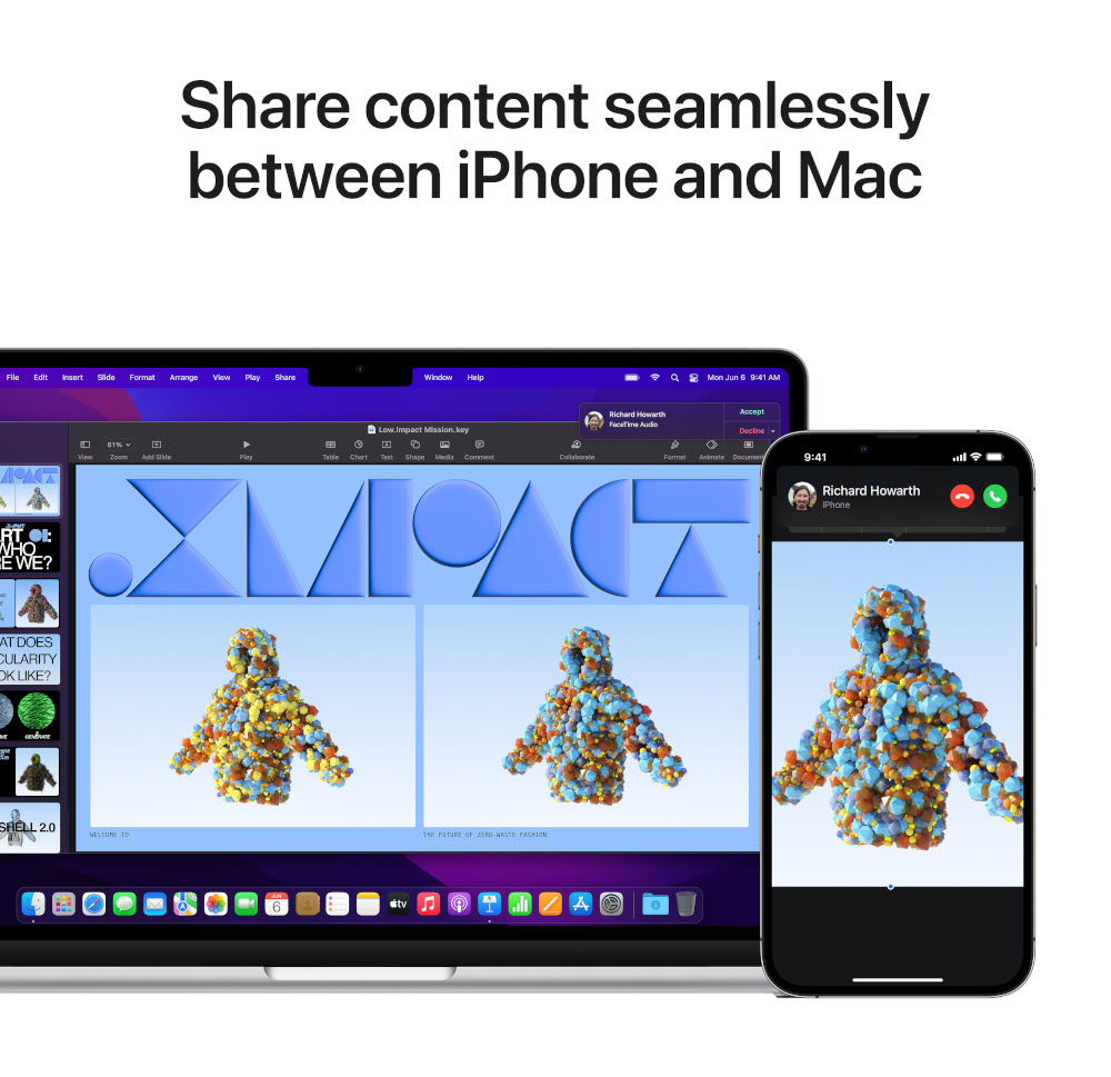 Partage de contenu iPhone et Mac. Mac montre une présentation, iPhone montre la même, appel vidéo.