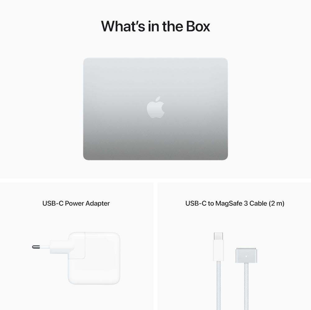 Ordinateur portable blanc, adaptateur secteur et câble de charge sur fond blanc. Logo Apple visible.