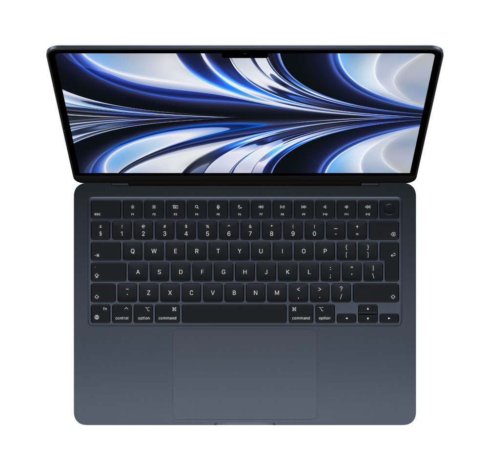 Een laptop met een open scherm, met het toetsenbord en touchpad.