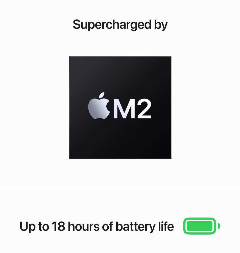 Apple M2 chip logo op een zwarte achtergrond, met informatie over de batterijduur.