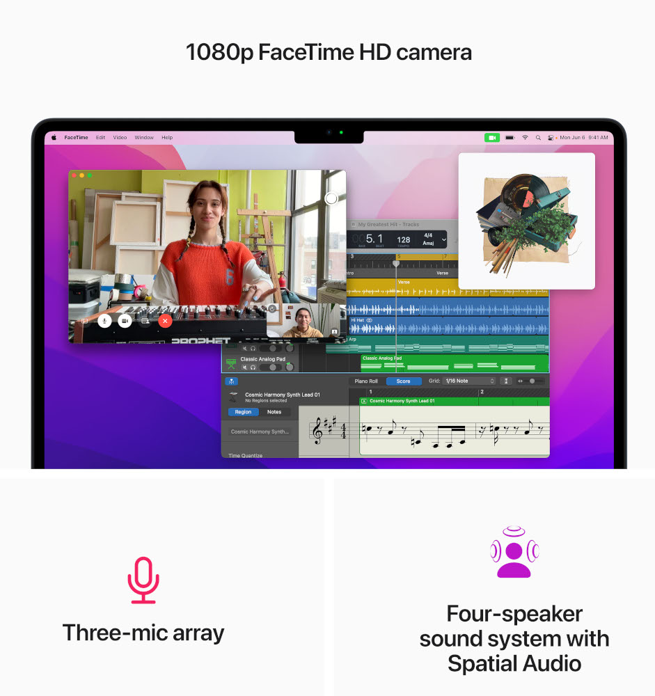 Een laptop met een scherm waarop muzieksoftware wordt weergegeven met een persoon op het scherm. Tekst zegt 1080p FaceTime HD camera.