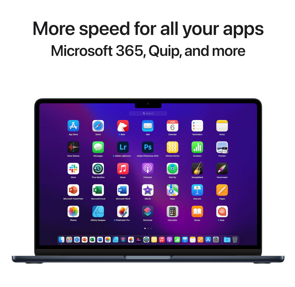 Laptop met app-iconen op een blauw scherm. Tekst: Meer snelheid voor uw apps.