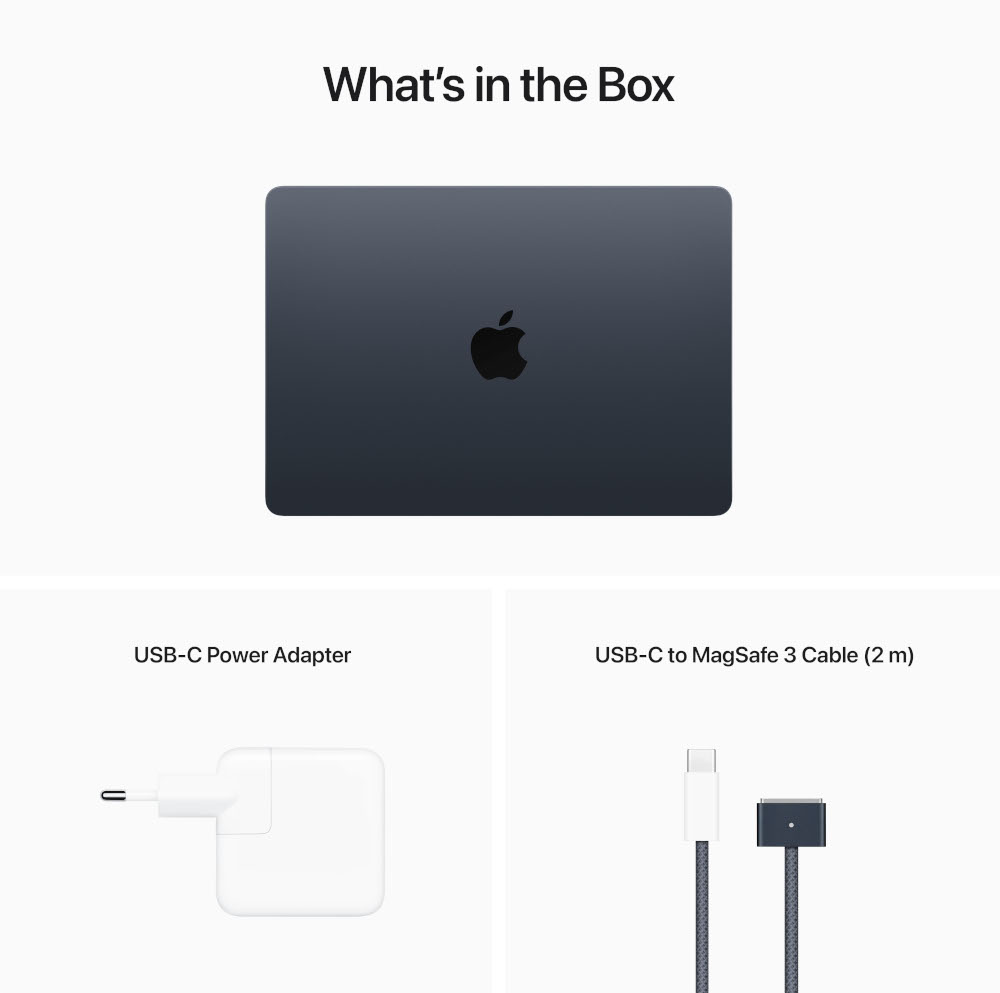 Een open laptop met zijn componenten. Inclusief voedingsadapter en USB-C naar MagSafe-kabel.