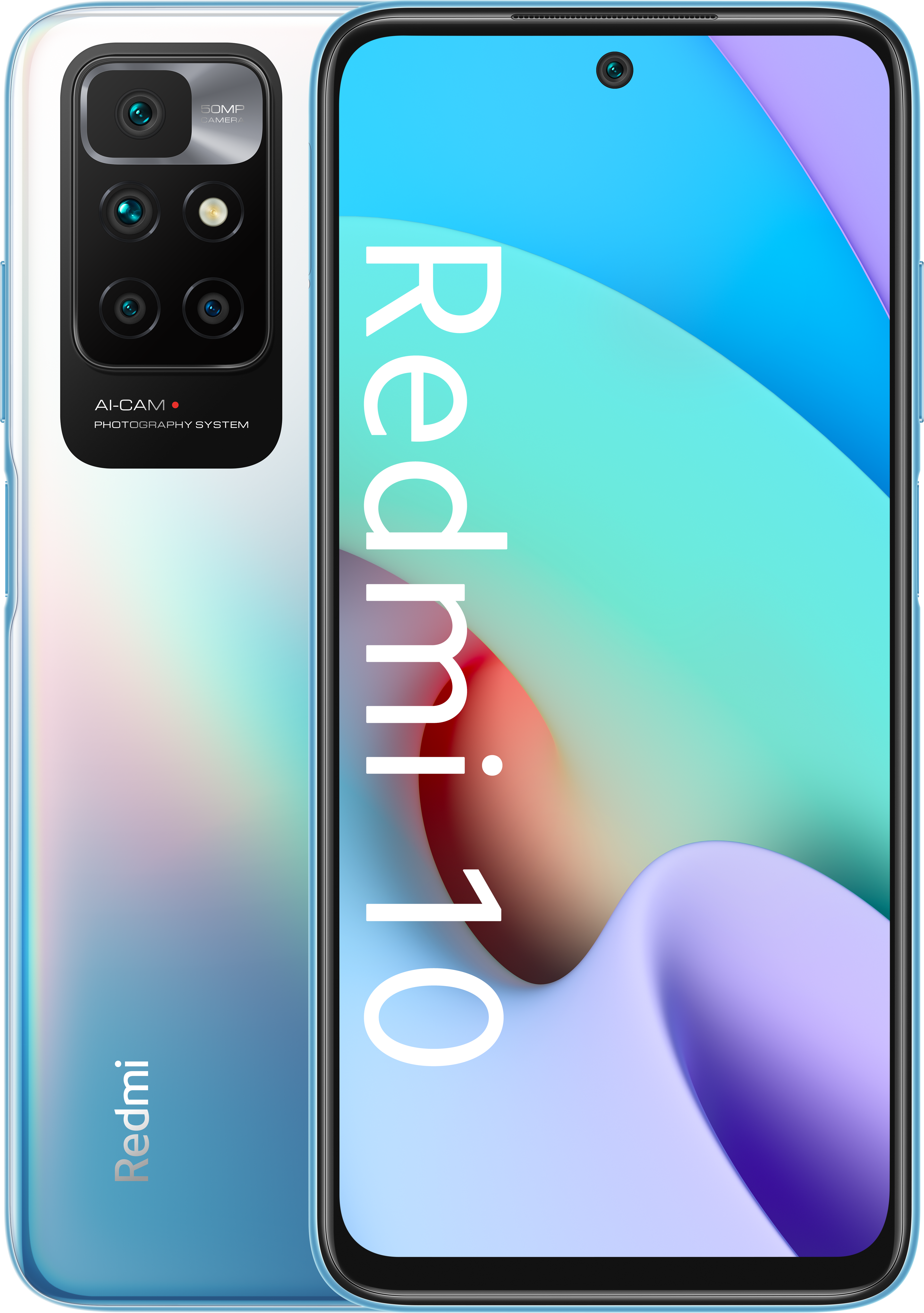 Een blauwe en witte smartphone met een multi-camera opstelling aan de achterkant.
