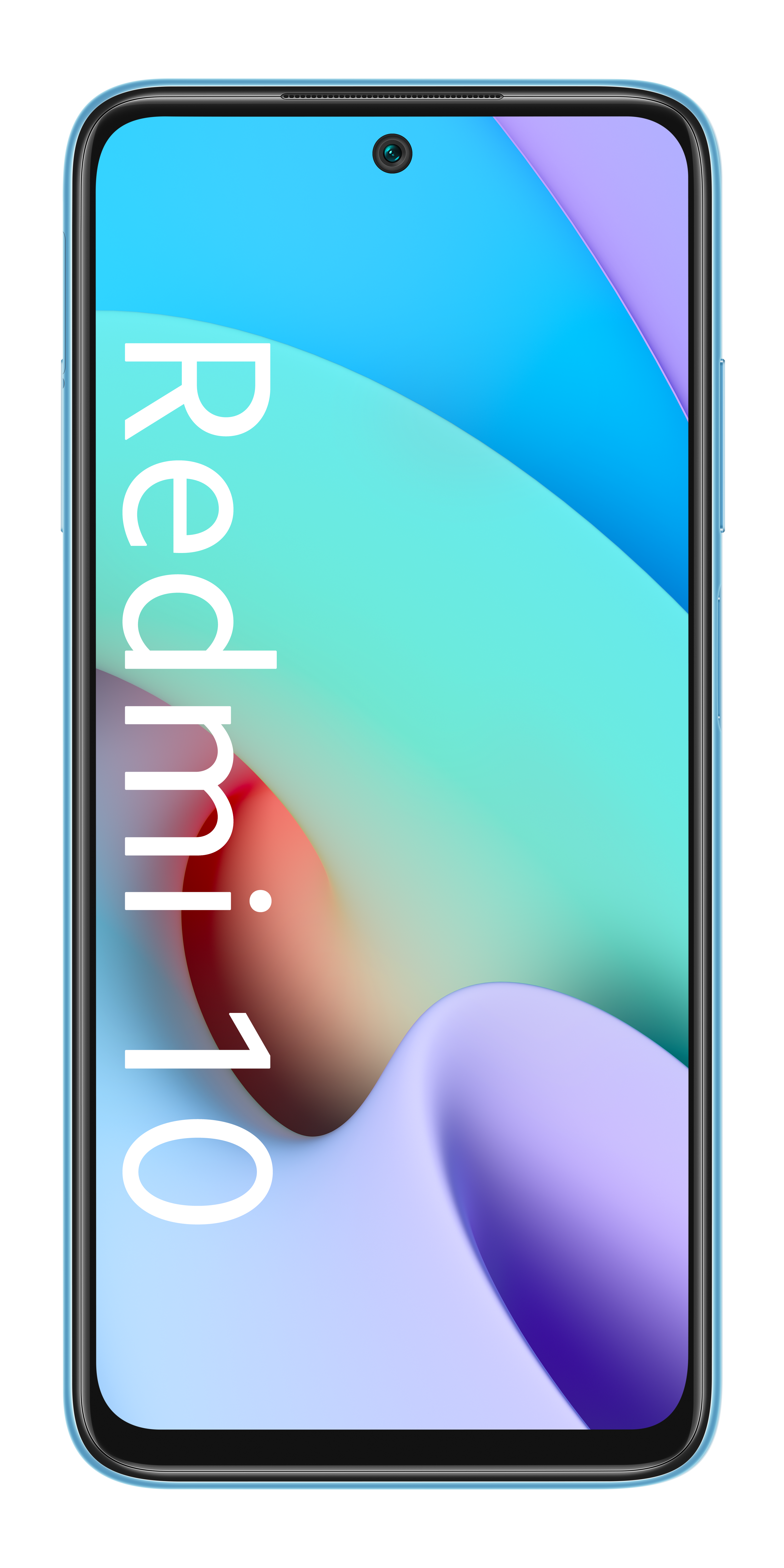 Blauwe smartphone met een scherm met abstracte golven. Het woord 'Redmi 10' is verticaal gedrukt.