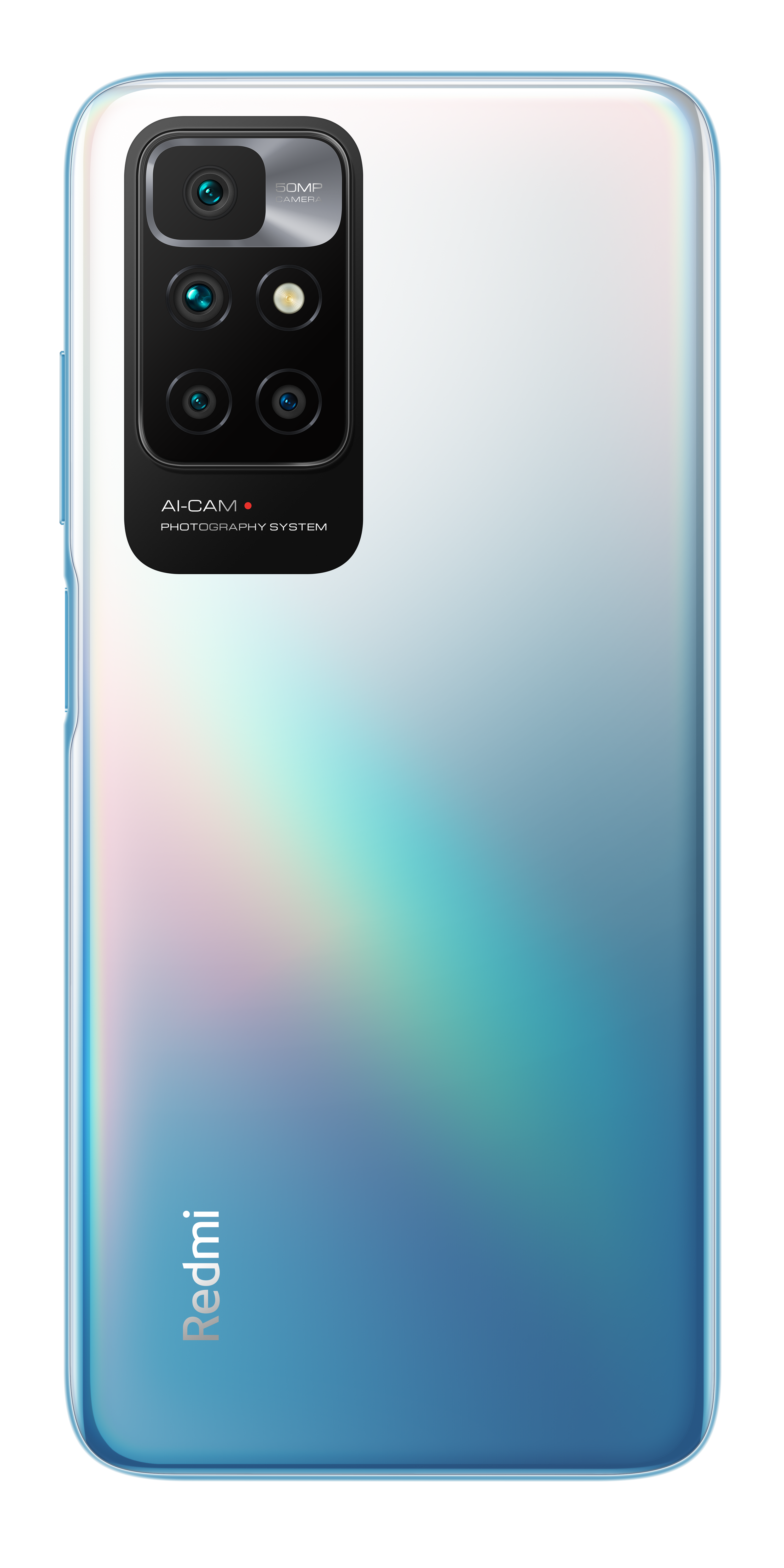 Een witte en blauwe gradiënt achterkant van een smartphone met het camerasysteem.