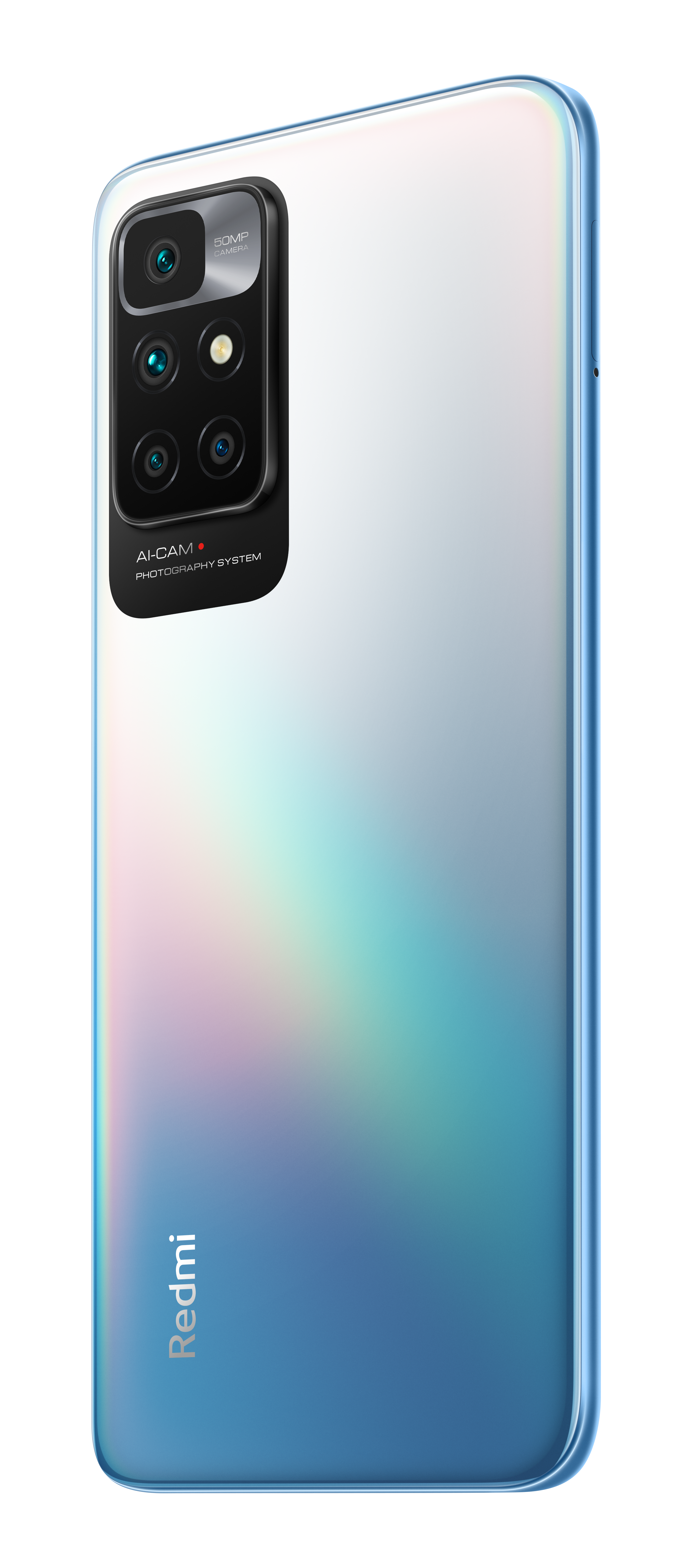 De achterkant van een witte en blauwe smartphone, met cameralenzen en het Redmi-logo.