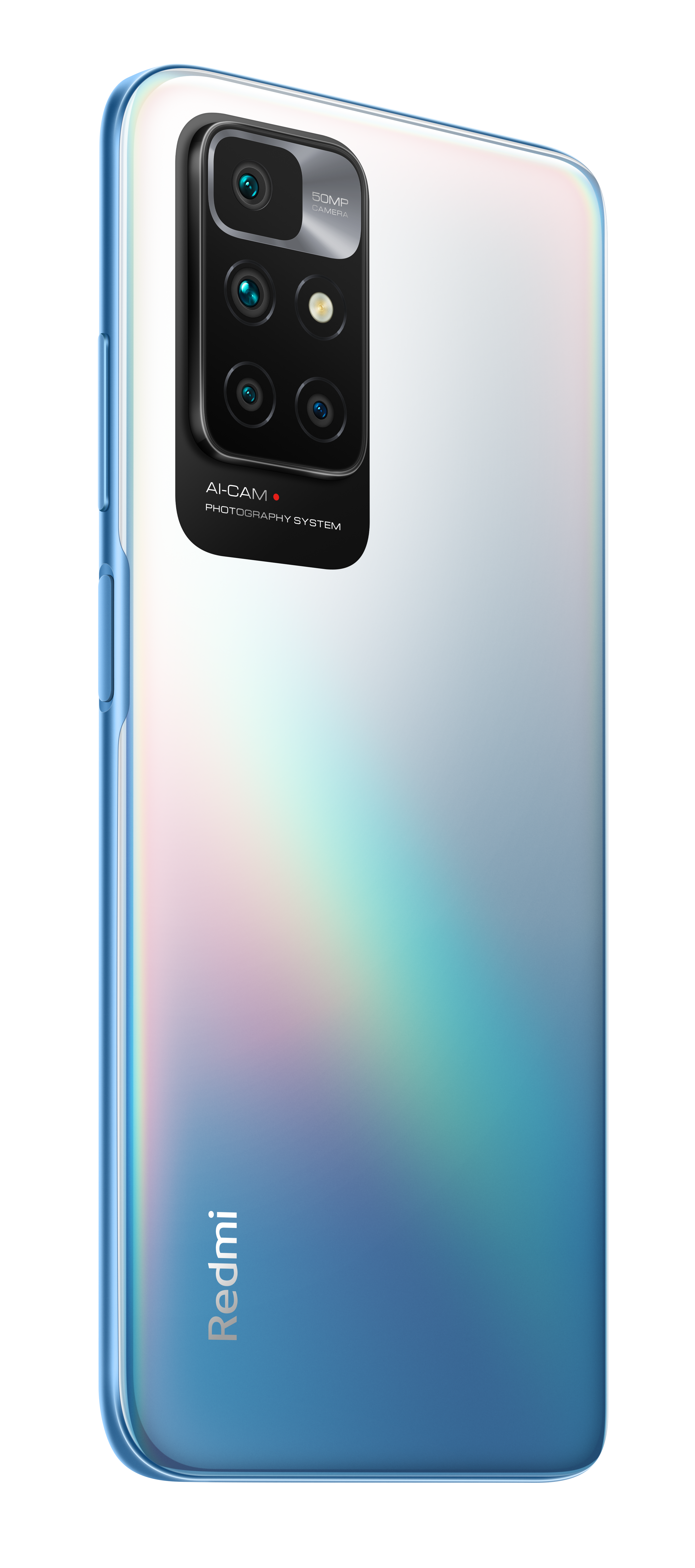 Een wit en blauwe smartphone, achteraanzicht, met cameralenzen en Redmi-merk.