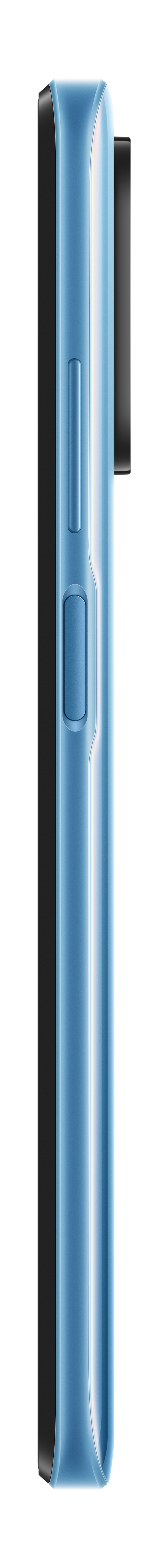 Een blauwe smartphone met knoppen aan de zijkant op een zwarte achtergrond.