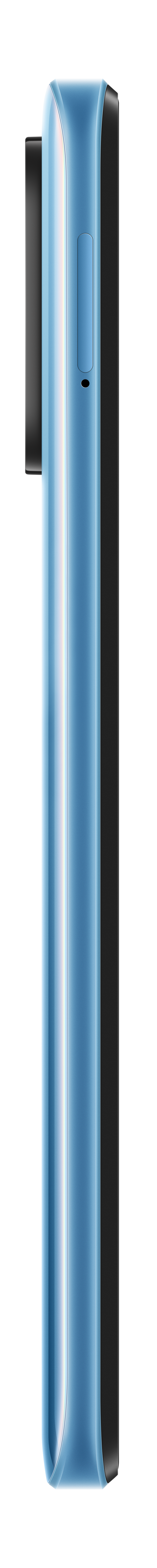 Een zijaanzicht van een lichtblauwe smartphone, met de rand en een knop.