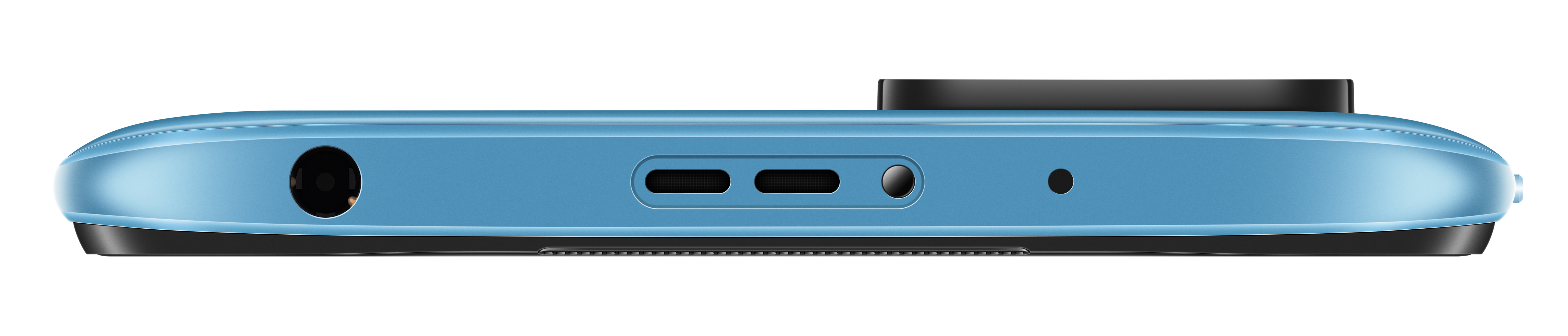 Close-up van de onderkant van een lichtblauwe smartphone met poorten voor audio, opladen en een microfoon.