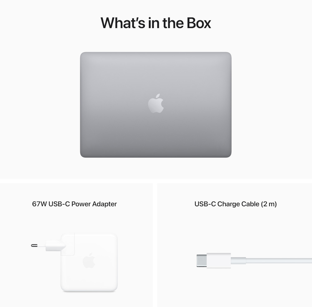 Afbeelding toont een zilveren laptop, een witte voedingsadapter en een witte USB-C-oplaadkabel. Tekst: Wat zit er in de doos?