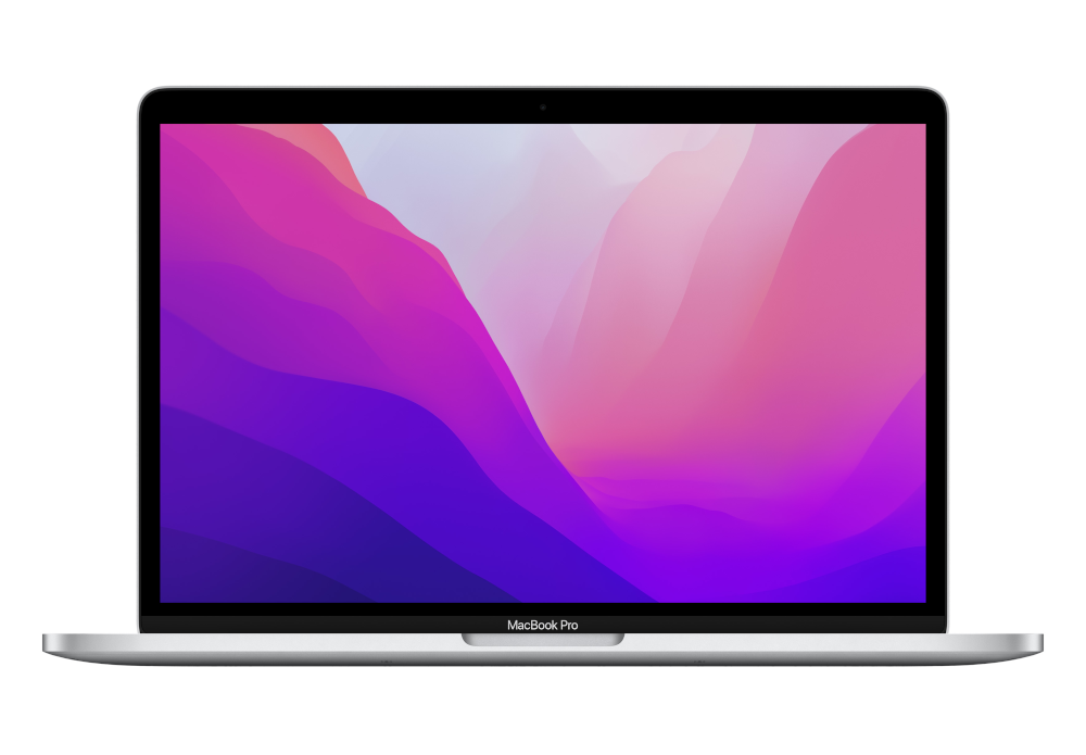 Zilveren MacBook Pro laptop op zwarte achtergrond. Scherm toont paarse en roze abstracte afbeelding. MacBook Pro is gecentreerd.
