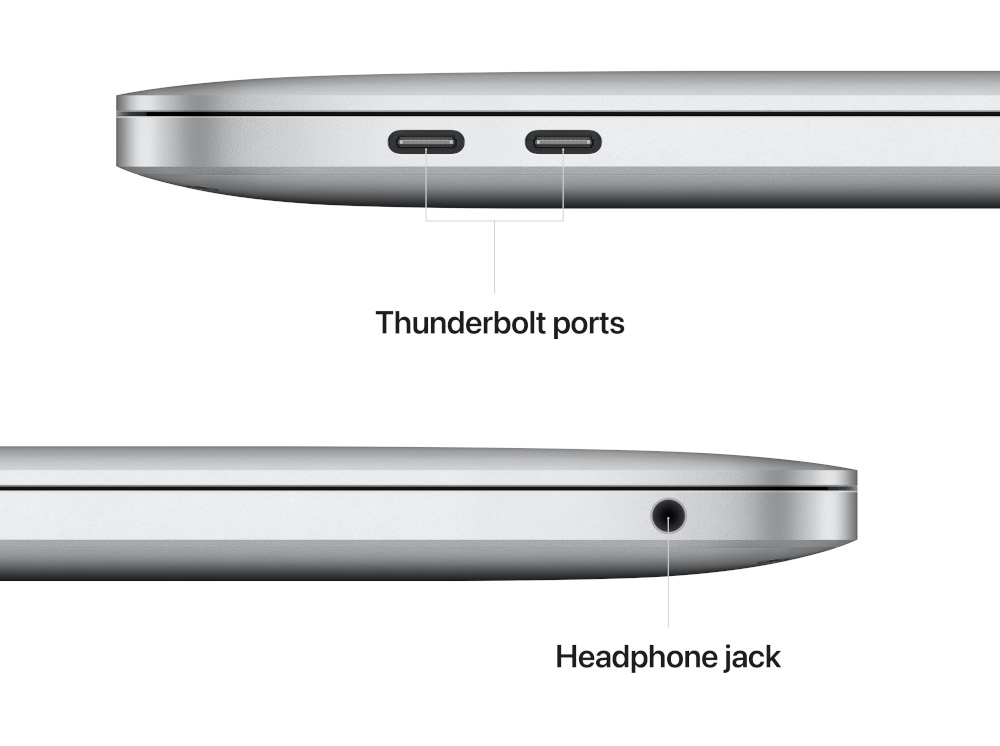 Afbeelding toont de zijkant van een zilveren laptop met twee Thunderbolt-poorten en een koptelefoonaansluiting, gelabeld. Witte achtergrond.