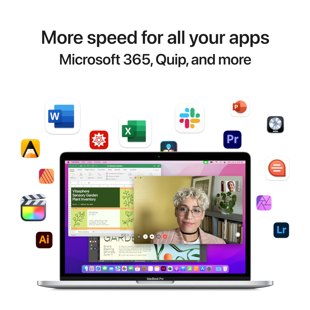 Laptop met een vrouw in een videogesprek. Verschillende app-iconen omringen het scherm. De tekst vermeldt Microsoft 365, Quip en meer.