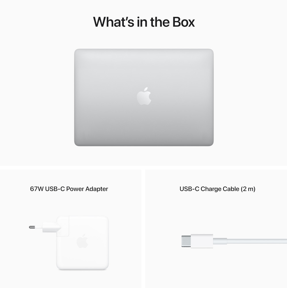 Afbeelding toont een zilveren laptop, een witte 67W USB-C voedingsadapter en een witte USB-C oplaadkabel. Tekst luidt "Wat zit er in de doos".