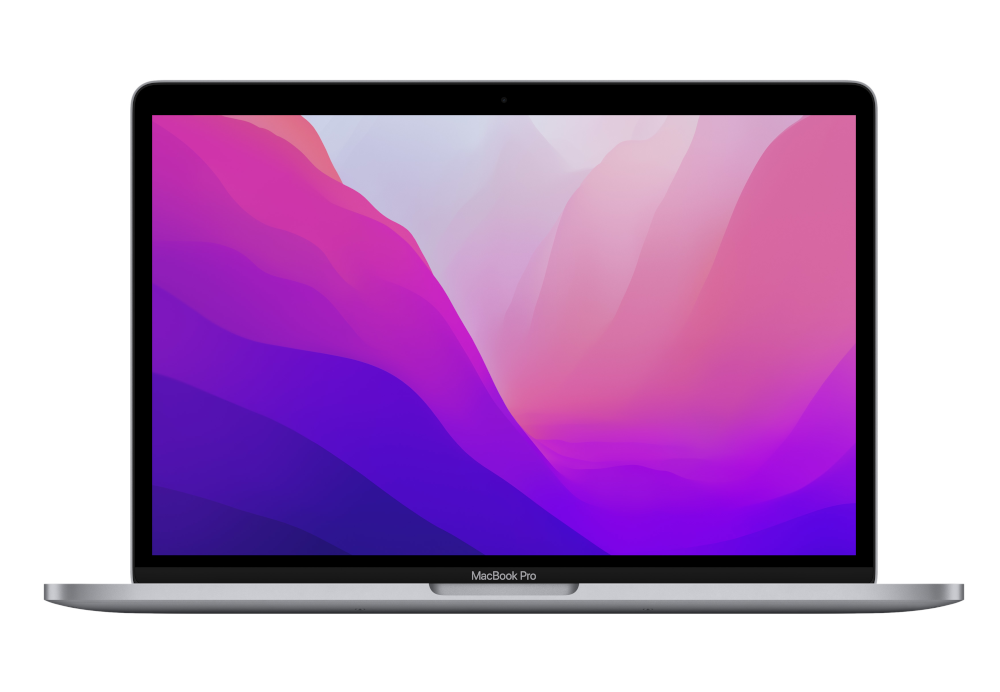 Een zilveren MacBook Pro, open, met een kleurrijk abstract behang. De achtergrond is zwart.