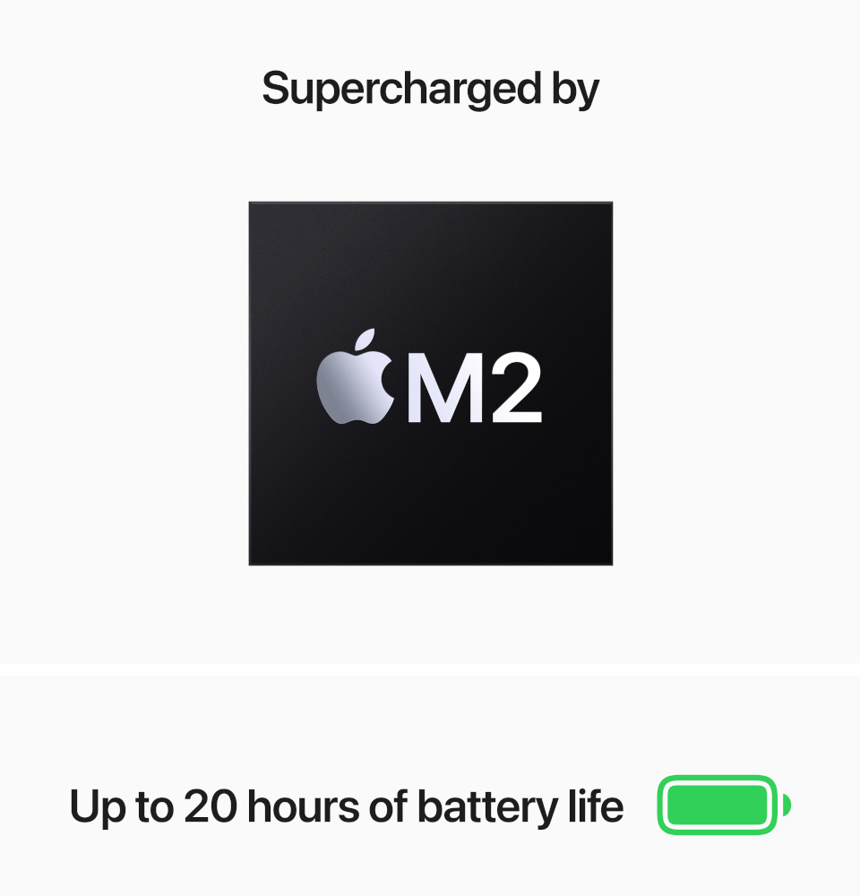 Zwarte vierkant met Apple-logo en M2. Daaronder staat 'Tot 20 uur batterijduur' met groen batterij-icoon.