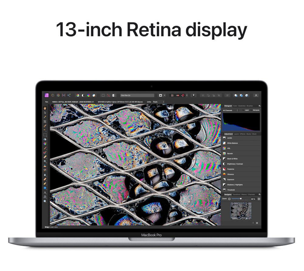 Een MacBook Pro toont een kleurrijke afbeelding. Het scherm toont een software-interface met aanpassingsopties. De tekst '13-inch Retina display' staat bovenaan.
