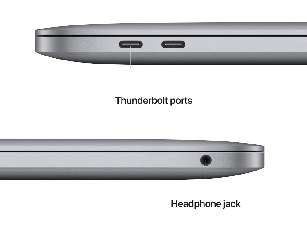 De zijkant van een zilveren laptop toont twee Thunderbolt-poorten en een koptelefoonaansluiting. Labels wijzen naar elke functie.