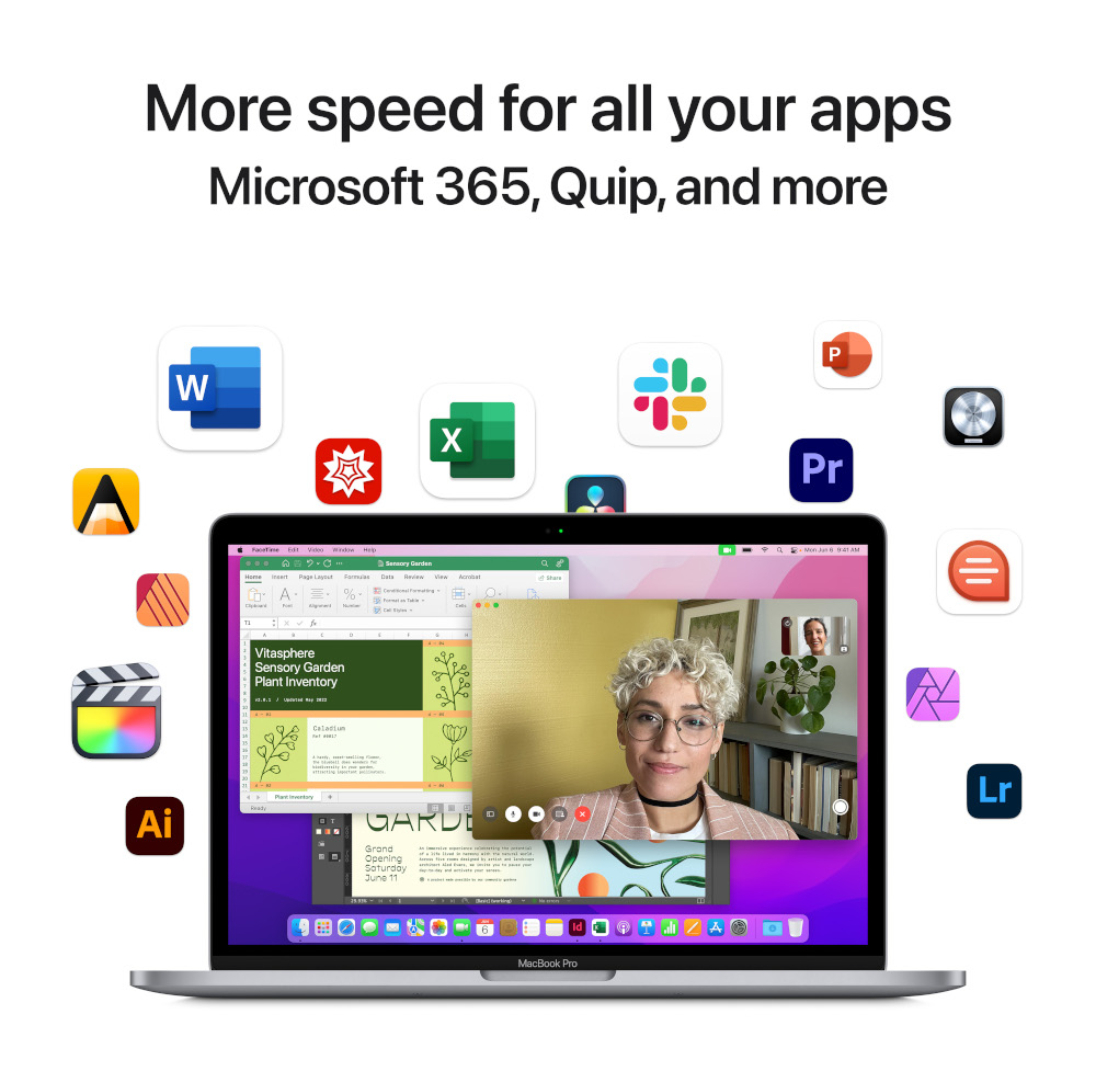 Een laptop toont een vrouw in een video-oproep. App-iconen omringen het. Het scherm toont een spreadsheet en een tuin.