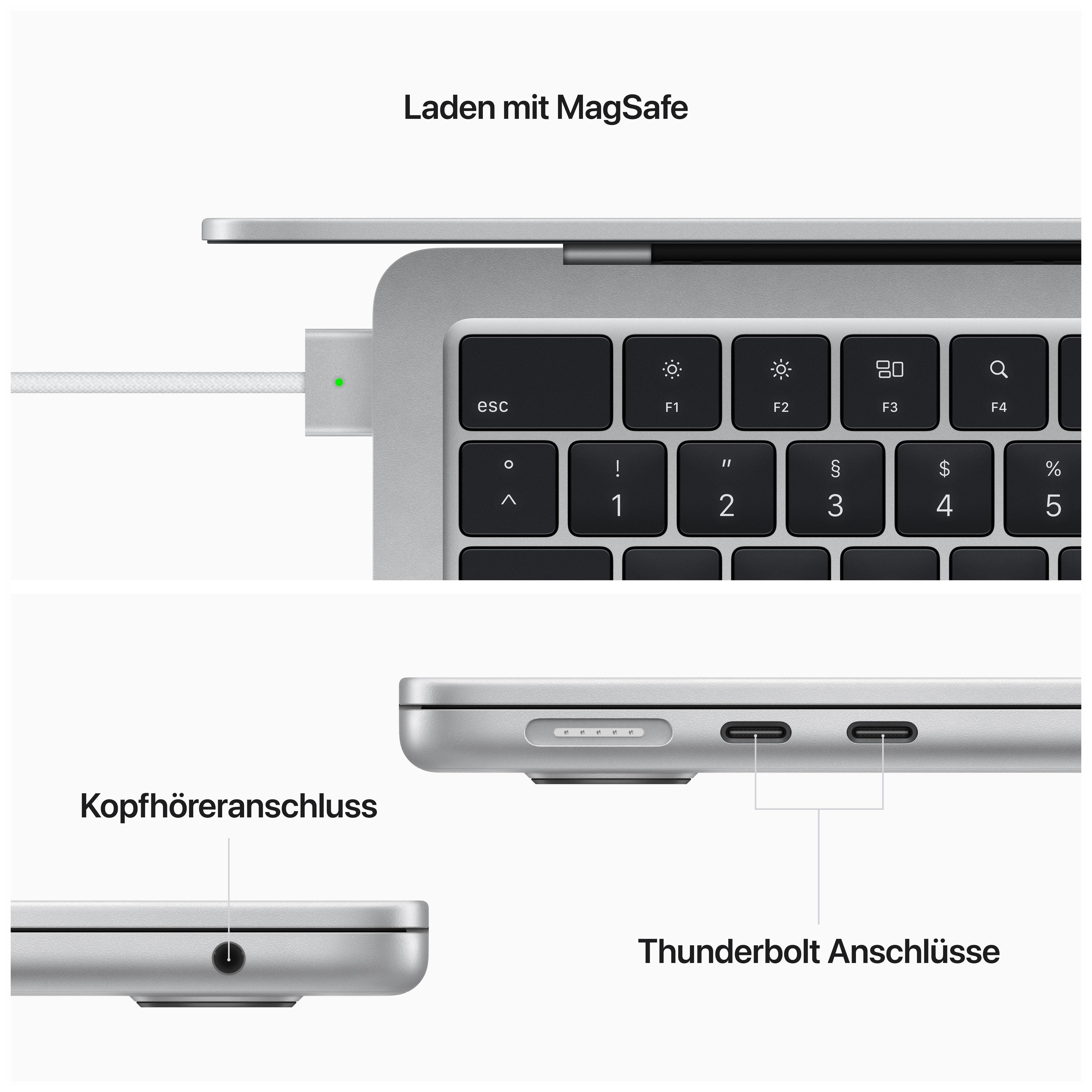 Laptop mit Ladeanschluss und Kopfhöreranschluss. Oben Tastatur, unten Anschlüsse.