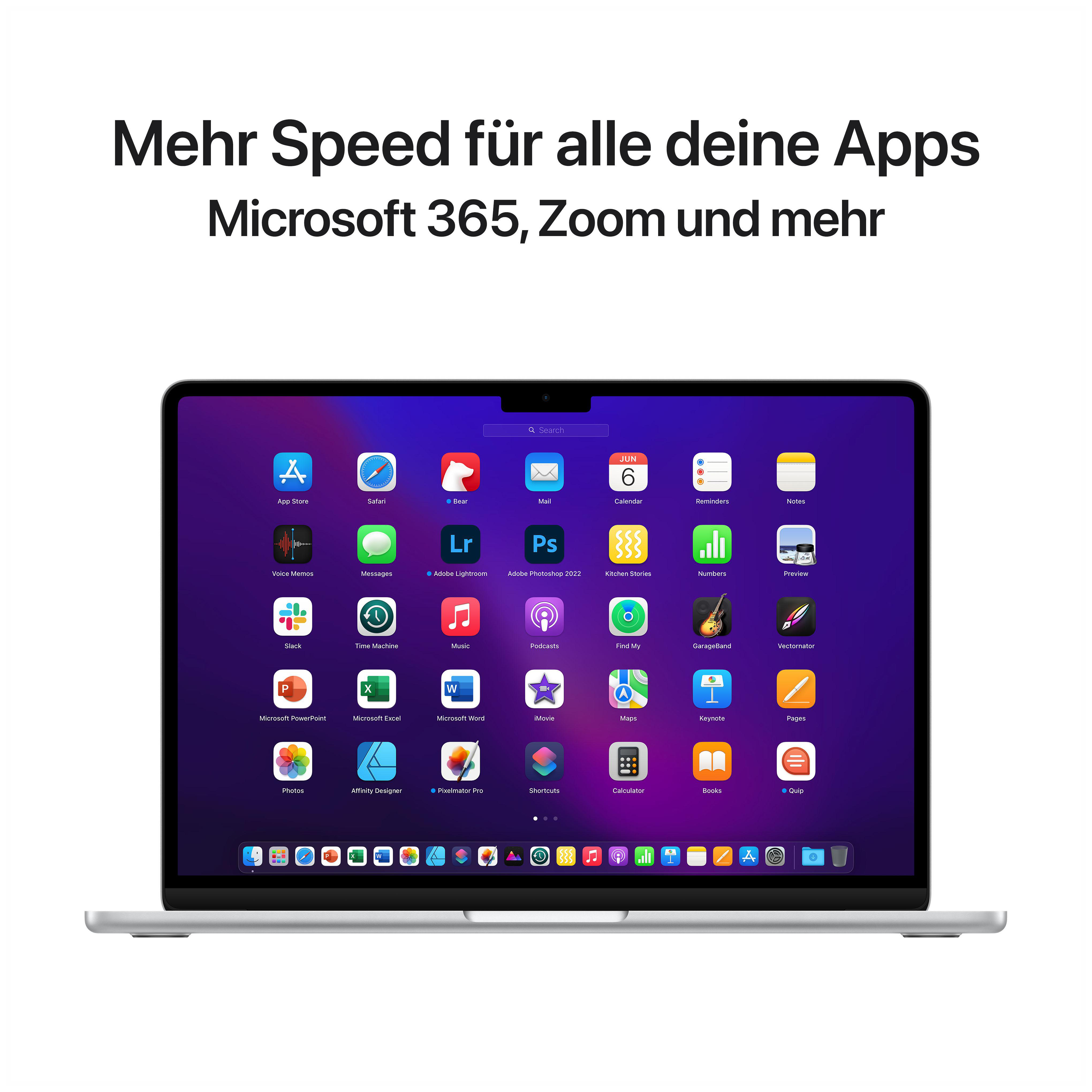 Ein Laptop, der einen Desktop mit App-Symbolen anzeigt. Der Laptop ist auf einer weißen Oberfläche geöffnet.
