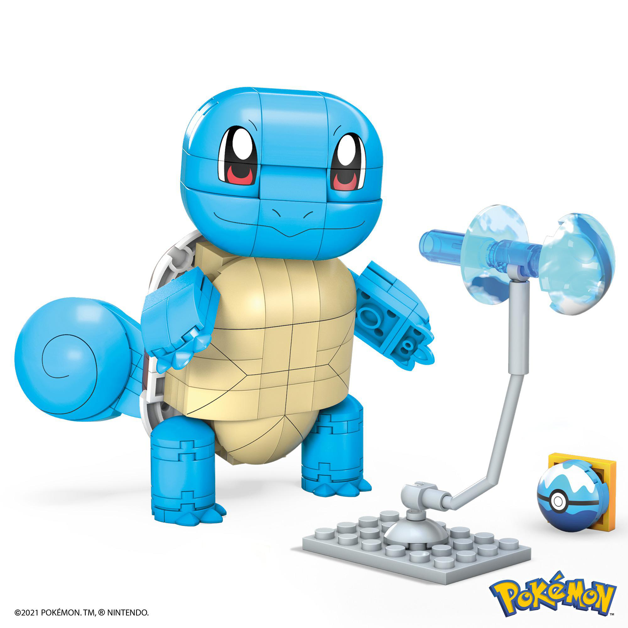 Eine blaue Squirtle Lego-Figur mit Zubehör auf weißem Hintergrund.