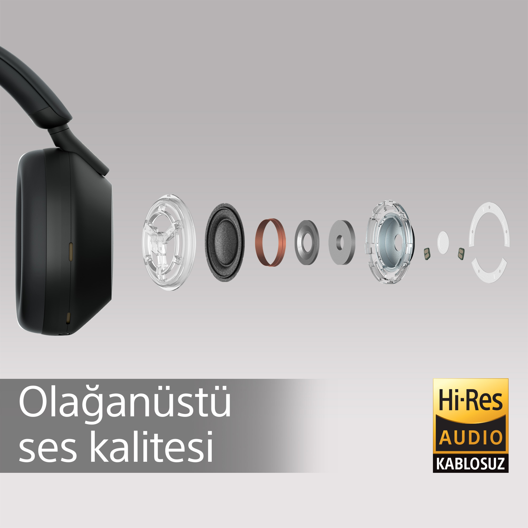 Kulaklıklar ayrılmış parçalarla, Türkçe metin ve gri bir arka plan üzerinde Hi-Res Audio logosu.