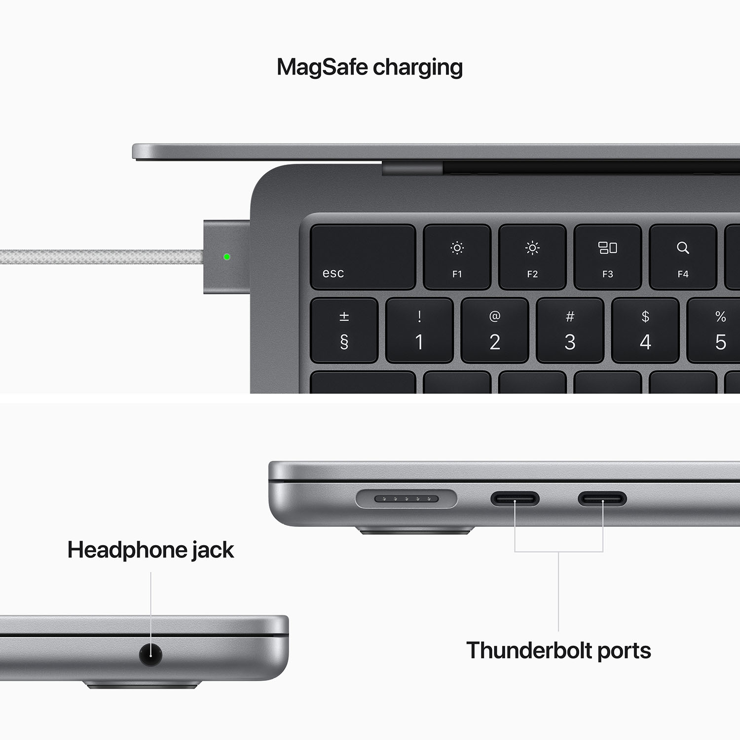Close-up van een laptop met oplaadpoort, toetsenbord, koptelefoonaansluiting en Thunderbolt-poorten.