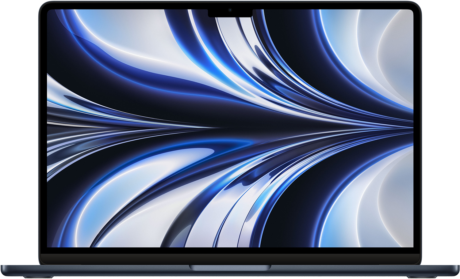 Moderne laptop met een blauw-witte abstracte achtergrond op het scherm.
