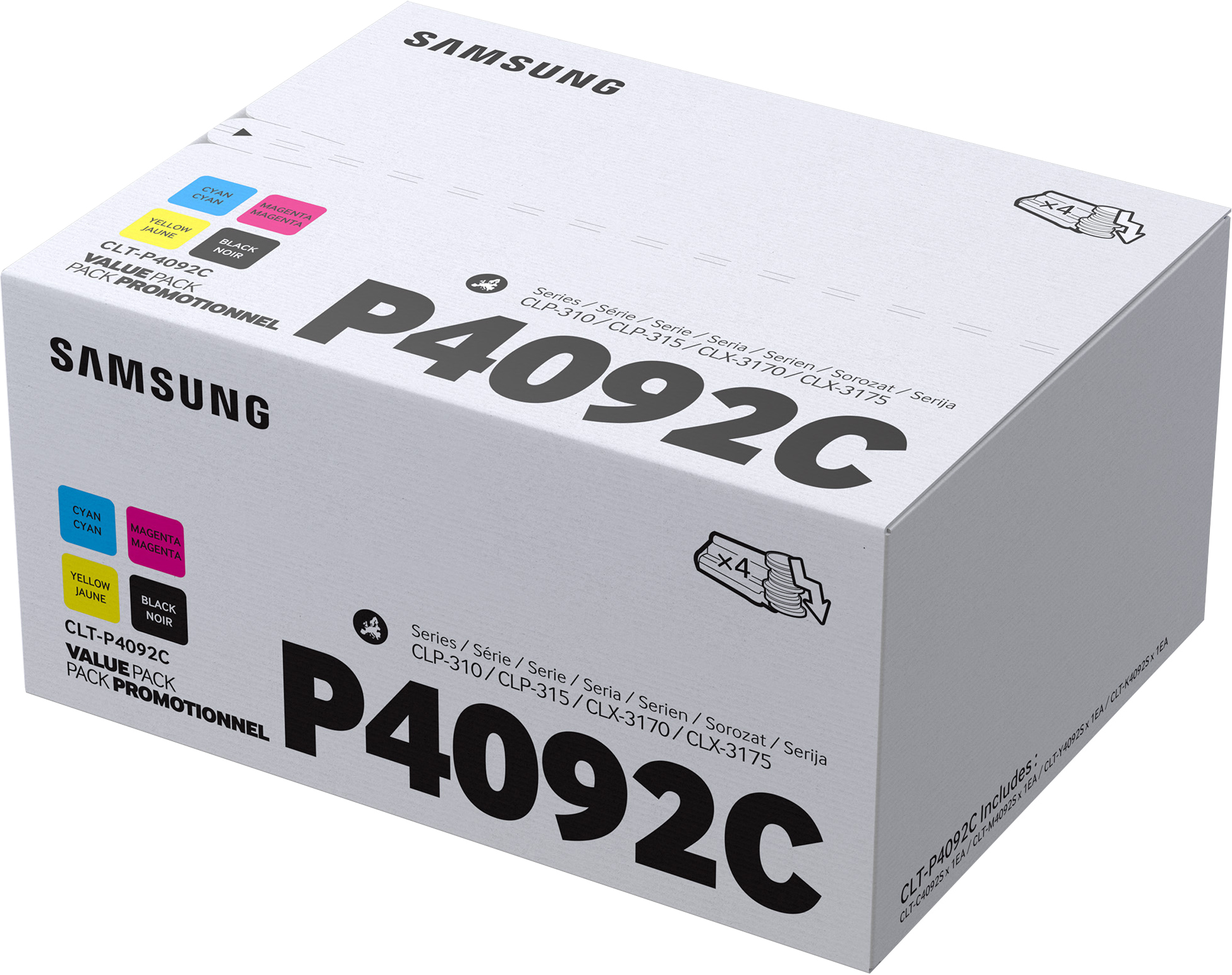 Samsung-Tintenpatronenbox, bunt, mit Text und Logos. Produktverpackung.