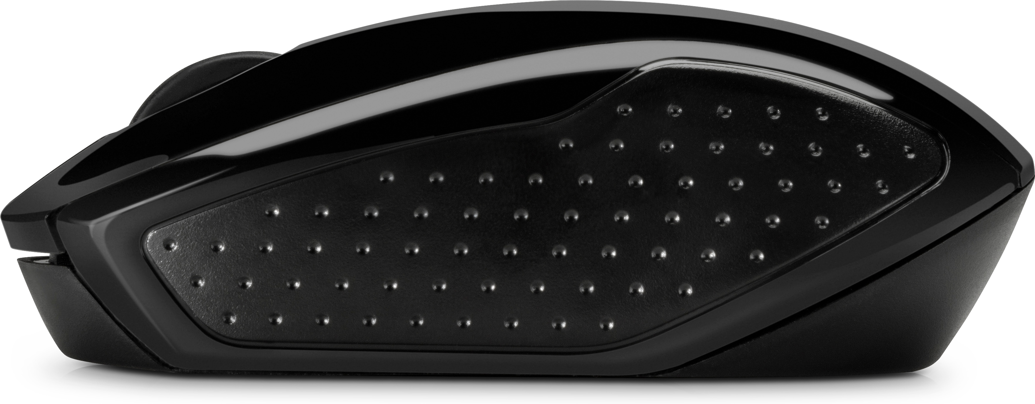 Black, ergonomic computer mouse with textured grips and a glossy finish.