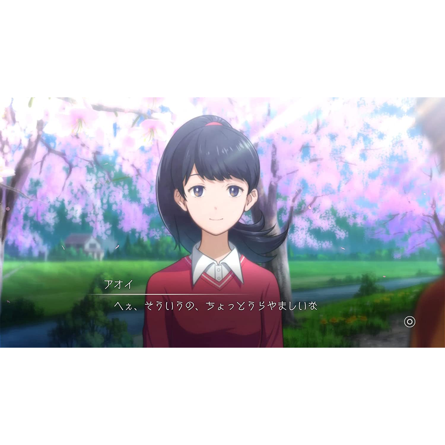 Escena de anime. Una chica está de pie bajo cerezos en flor rosas.