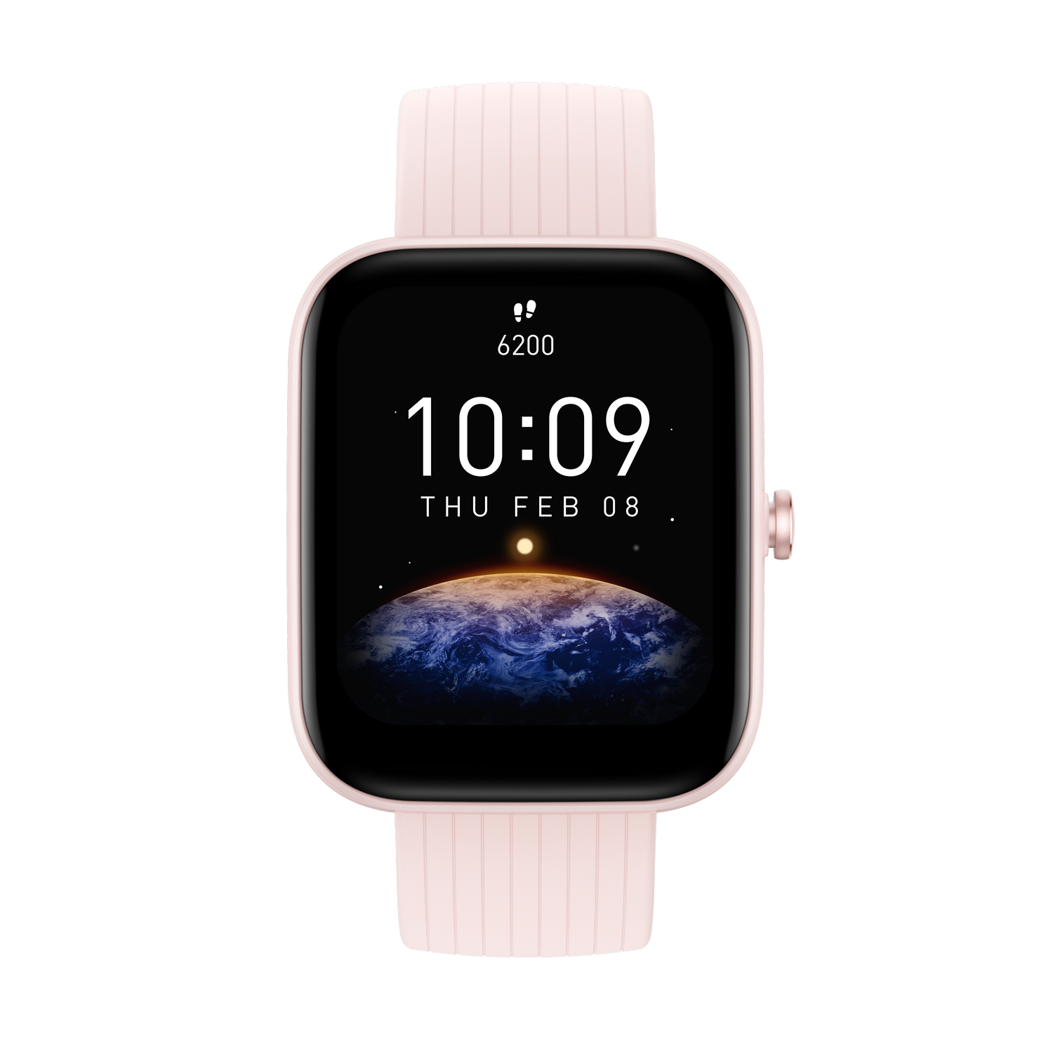 Smartwatch rosa con pantalla cuadrada mostrando hora y fecha. Correa rosa. Fondo negro.