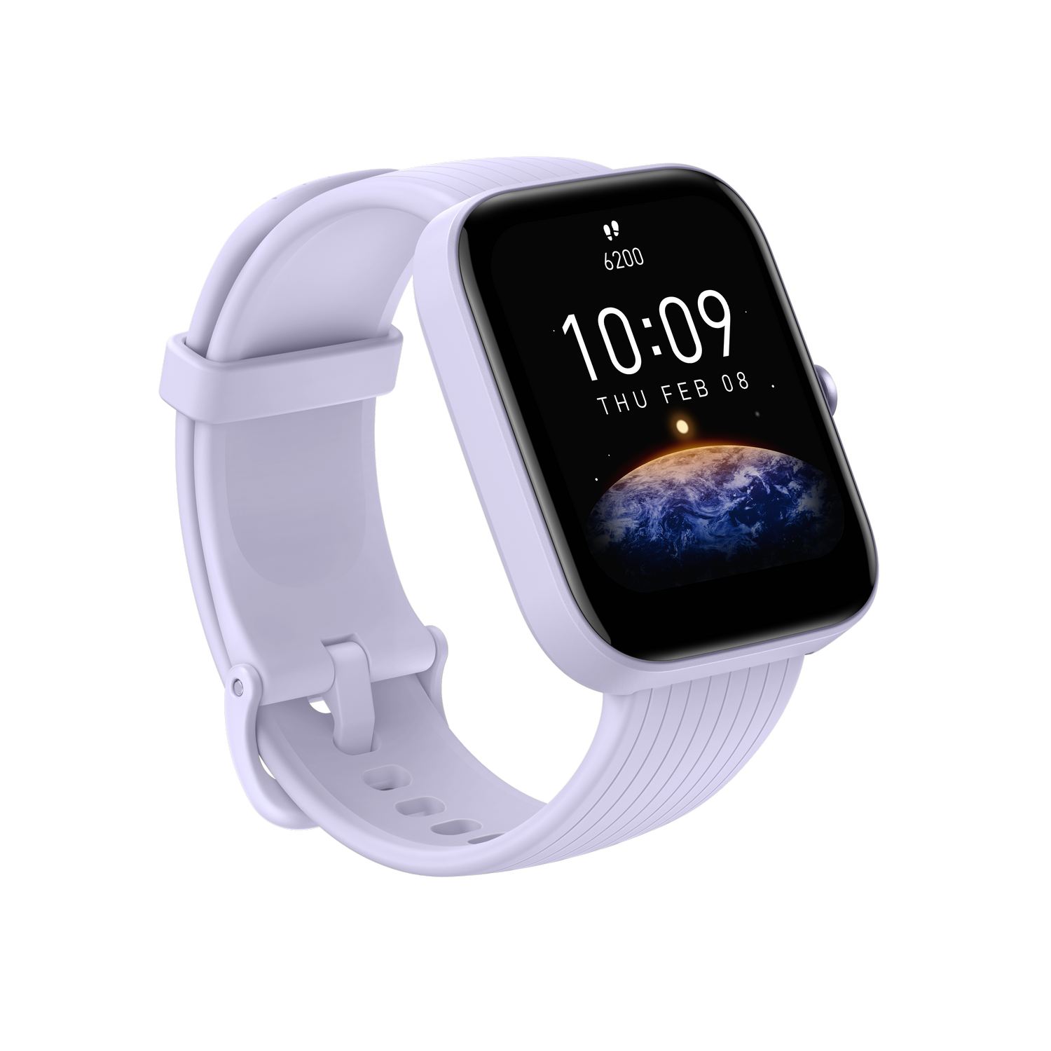 Reloj inteligente con correa lila, pantalla negra con hora y fecha. Fondo oscuro.