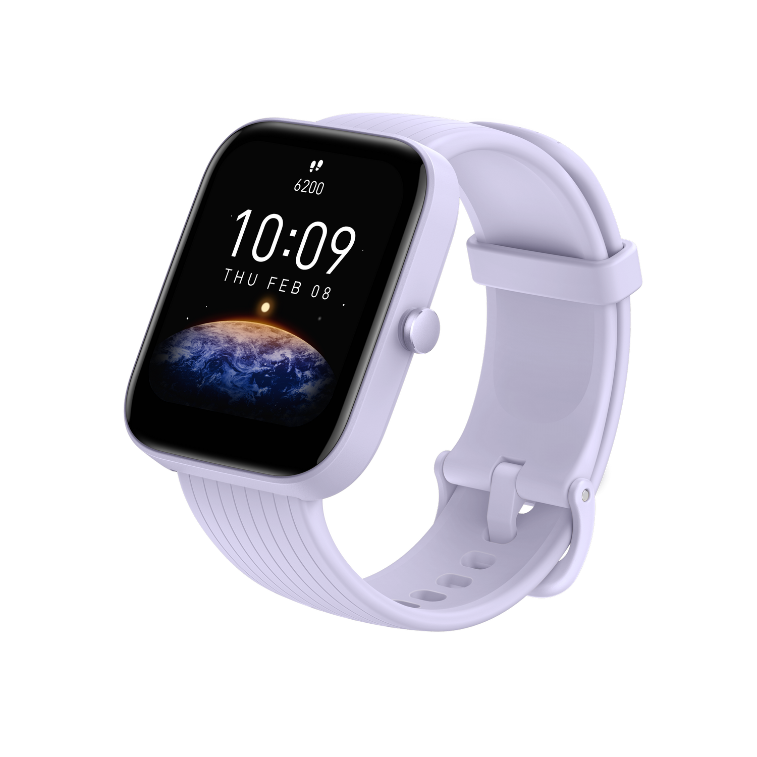 Reloj inteligente morado con pantalla cuadrada que muestra hora, fecha y globo.