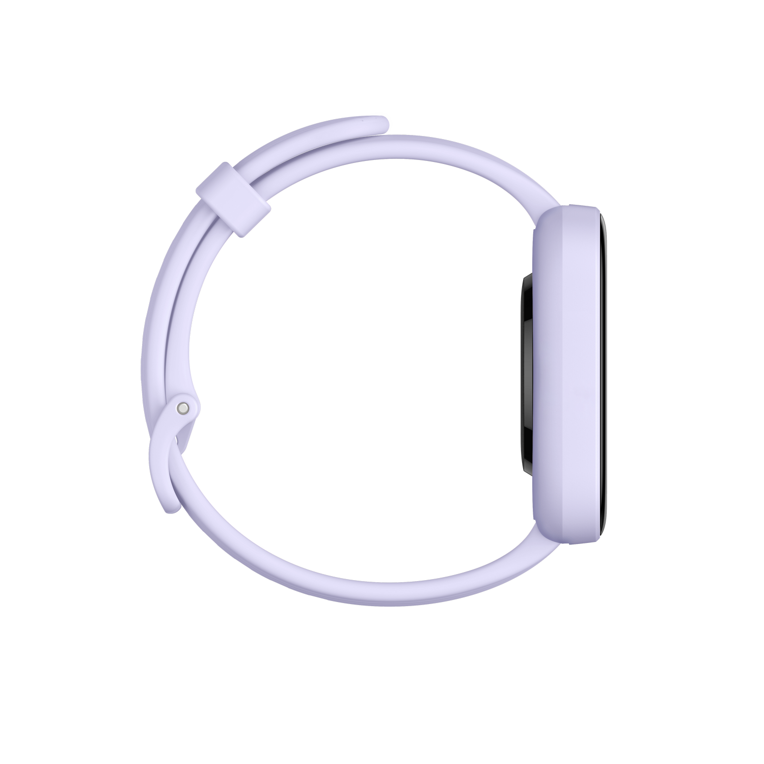 Un smartwatch lavanda se muestra de perfil. El reloj tiene una pantalla rectangular y una correa lavanda a juego. El fondo es gris.