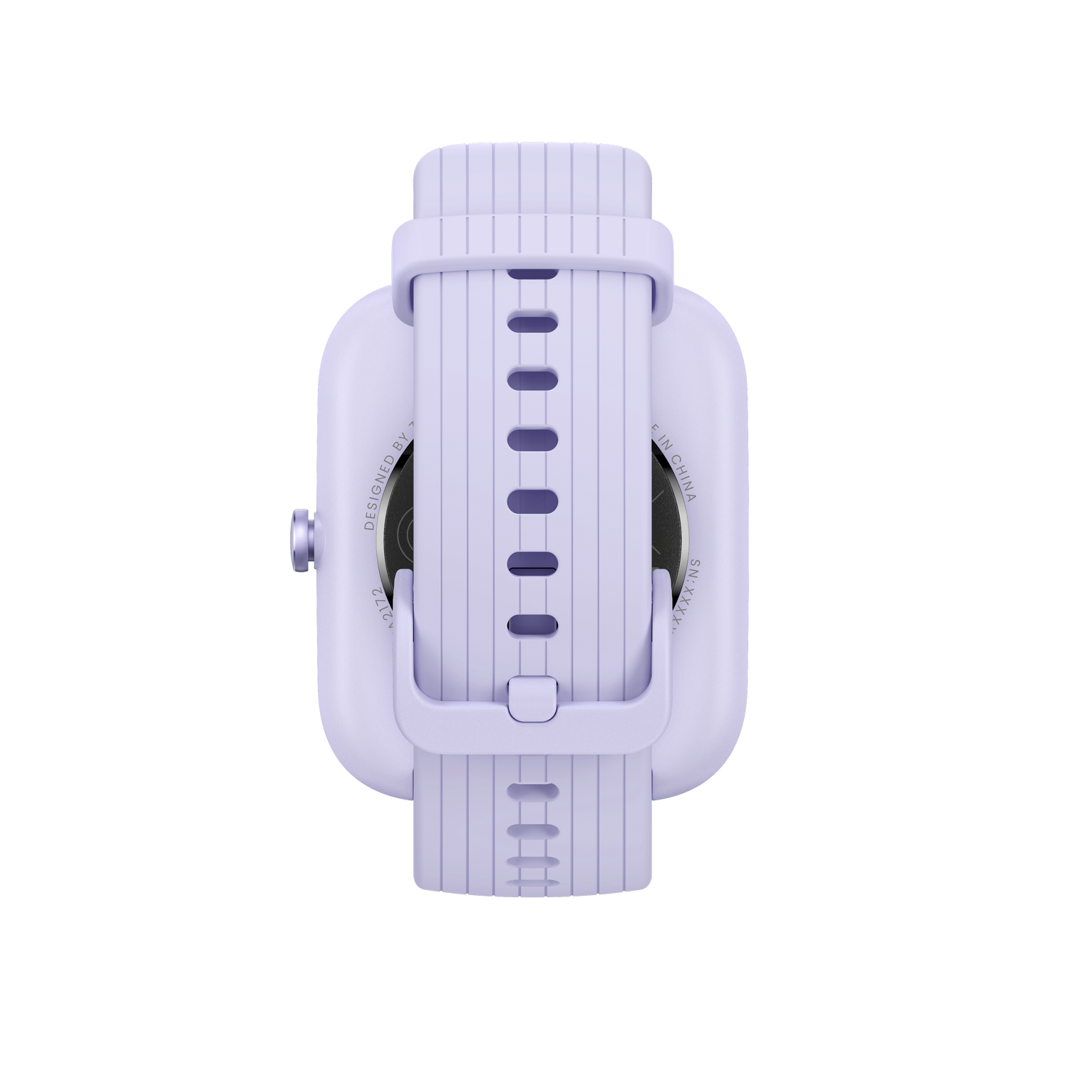 Vista trasera de un smartwatch lavanda con correa a juego. La correa tiene hebilla y agujeros.